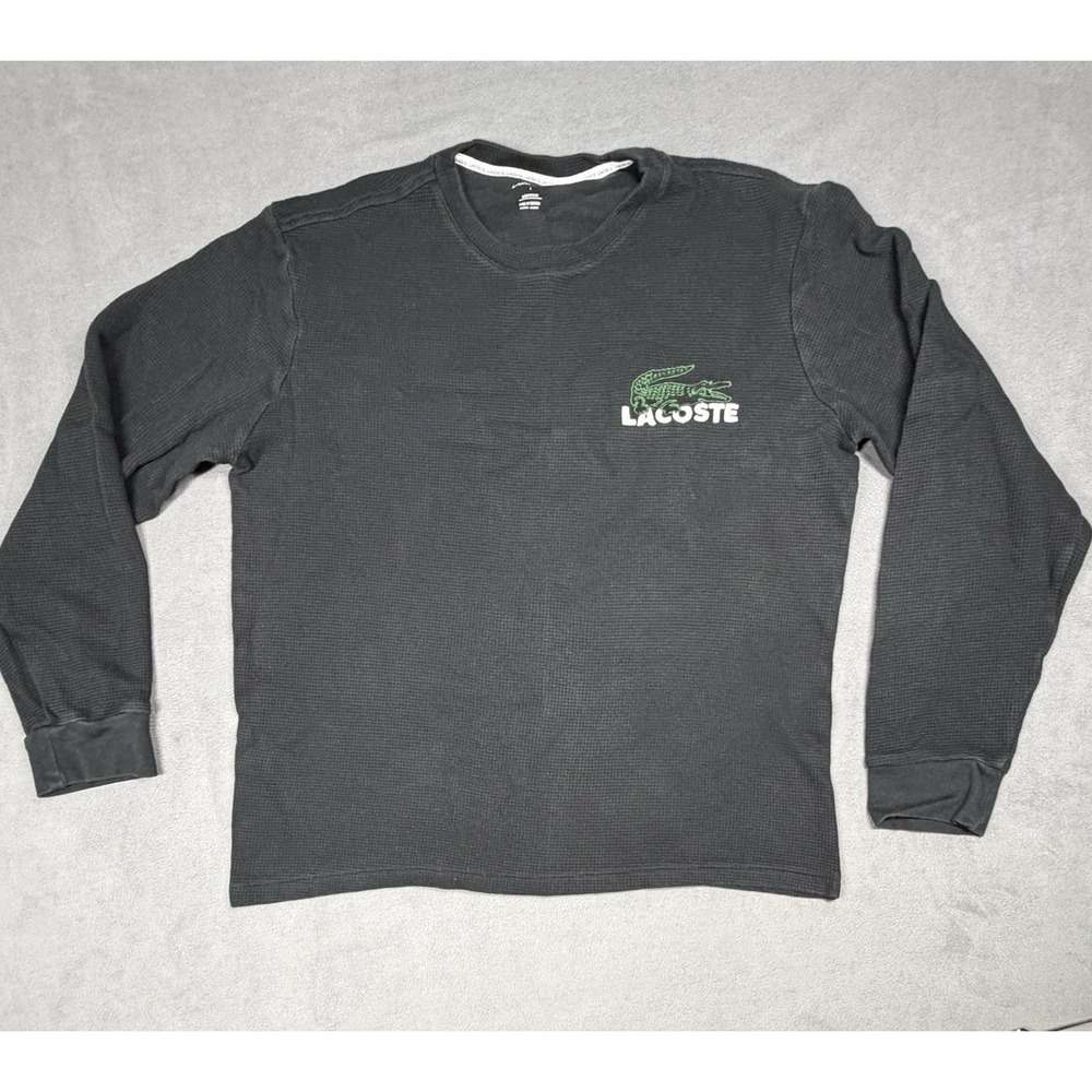 Lacoste Waffle Knit Pajama Shirt L Black Long Sleeve Sleepwear Crew Neck Flaw